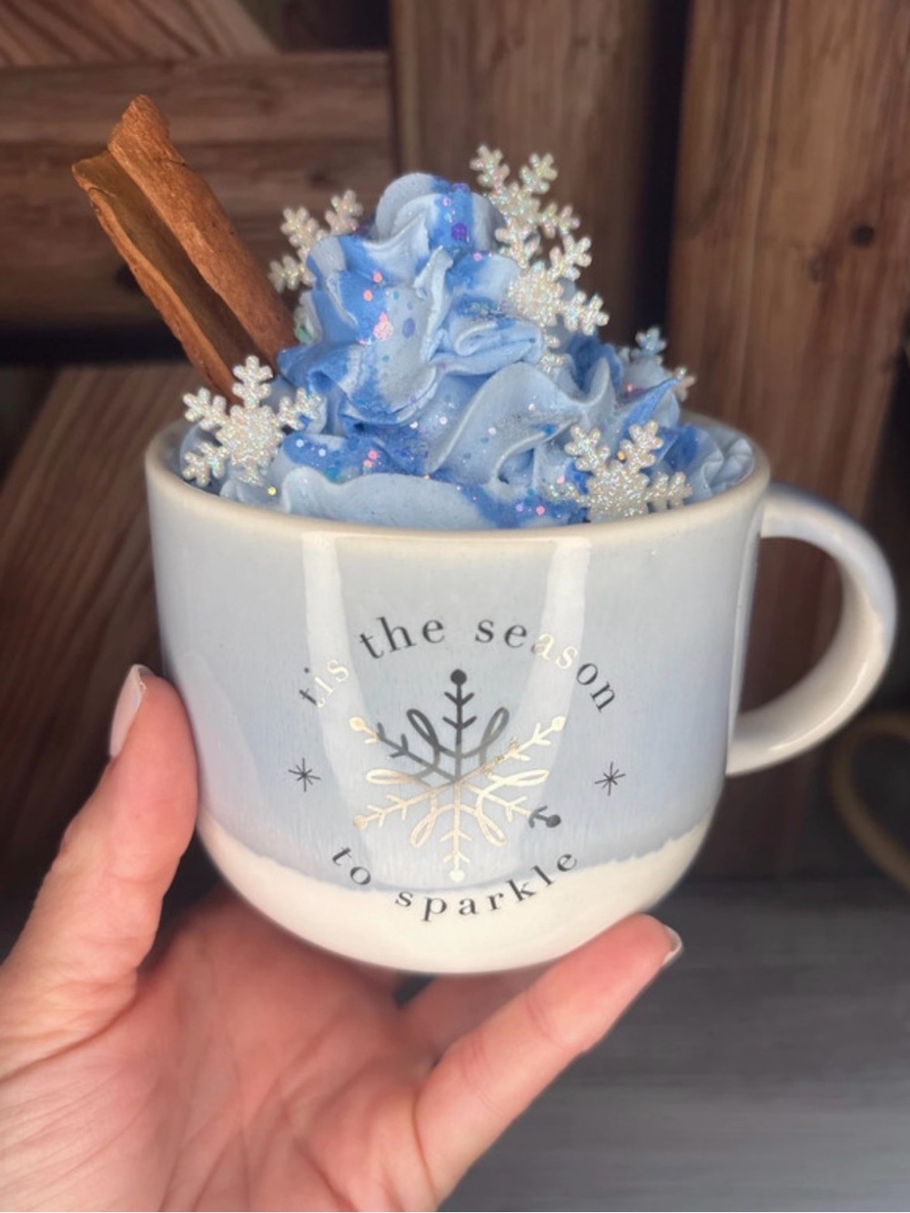 Holiday Snowflake Ceramic Mug with Blue Whipped Topper